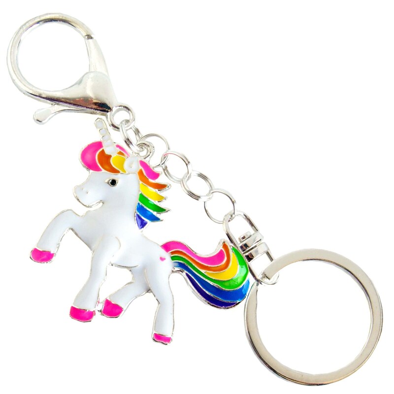 Rainbow Unicorn Keychain • Large Enameled Unicorn Charm • Swivel Keyring and Clip • Rainbow Stripe Mane and Tail • Fantasy Valentine Gift